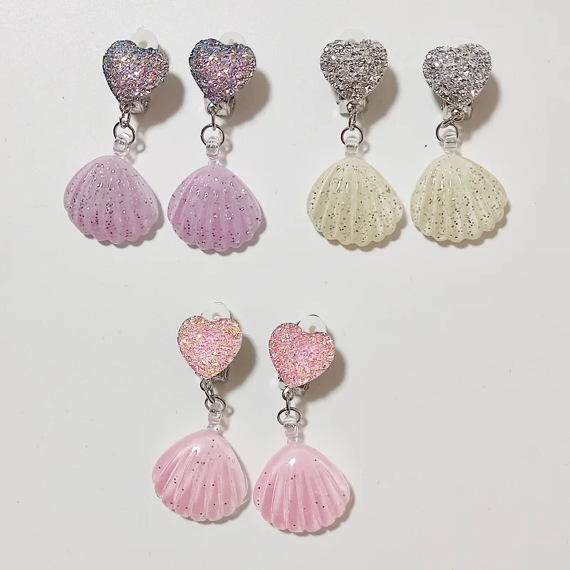 1 pár bez diery živice škrupina Srdce roztomilé nekvalitné ušné klipy pre dievčatá Detské náušnice Študent Kid Ear Pins Clip náušnice šperky