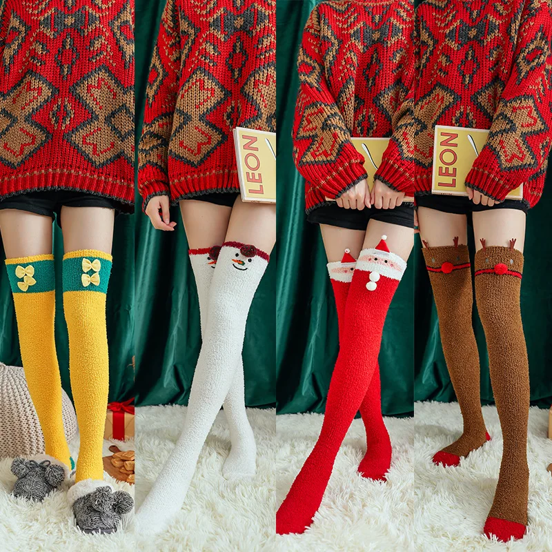 1 pár vianočných pančúch Ženy Dievčatá koleno dĺžka koralové fleece teplé ponožky kawaii roztomilý Santa Claus Winter Warm Wathner High ponožky