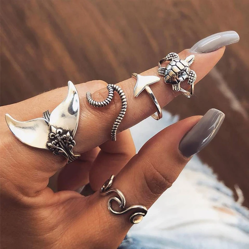 1 Sada Boho Dámske prstene Set Geometric Turtle Whale Tail Waves Ring Charm Waves Rings Rings Lady Jewelry Lover Darčekový kov móda