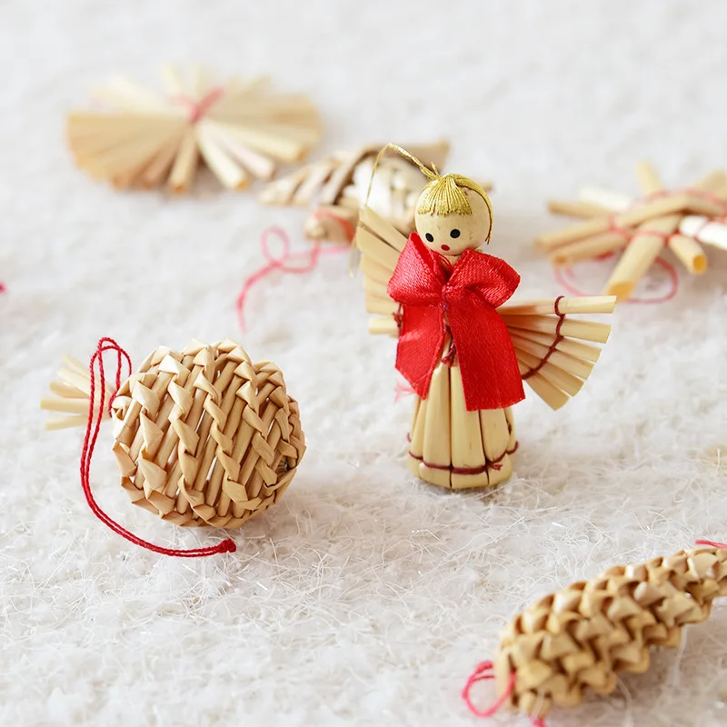 1 Sada prírodných pšeničných slamy ručne vyrábané mini prívesky DIY remeslá pre domáci vianočný strom visiaci ozdoby Vianoce dekorácie Noel