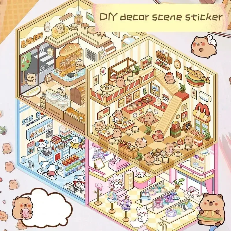 1 sada roztomilých sladkých karikatúrnych nálepiek s úpravou nálepiek Caphybara Rabbet Bear Scene Stuader Student Študent DECON DECOUND VICUAL 3D Scrapbook Sticker