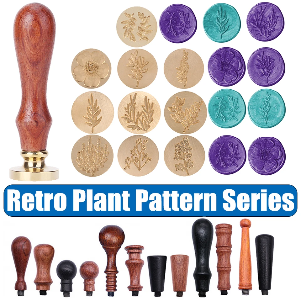 1 Sada voskovej pečiatky vintage retro mosadzná hlava drevená rukoväť retro rastlinný vzor vosk klasický tesniaci pečiatka DIY dekoratívne remeslo