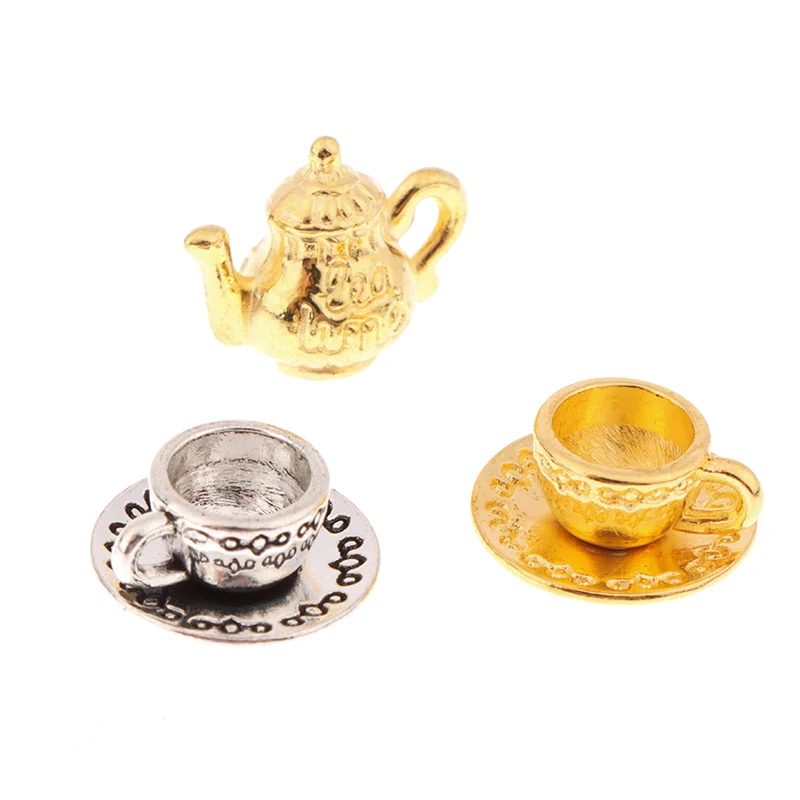 1 Set 1/12 Dollhouse Miniatúrne strieborné zlato kovové čajové čajové šálky pohárik Čajový set jedálenský stôl Model dekora