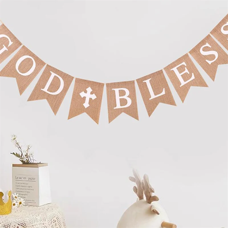 1 Set Pull Flag Strop dekorácie Dodávky Dodávky Hessian Blessing Baby Krst Party Vitajte detské fotografie rekvizity