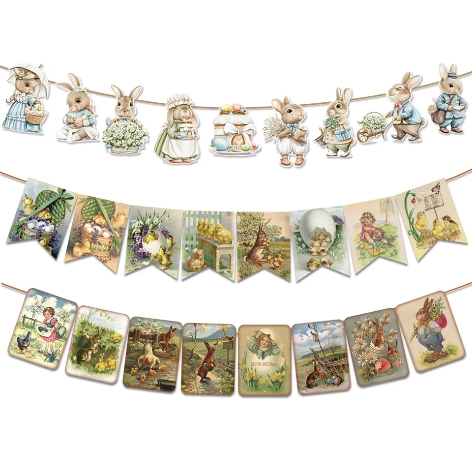 1 Set Retro Easter Bunny Rabbit Paper Banner Spring Bunting Garland pre šťastnú Veľkonočnú tému narodeninovú oslavu na pozadí dekorácie