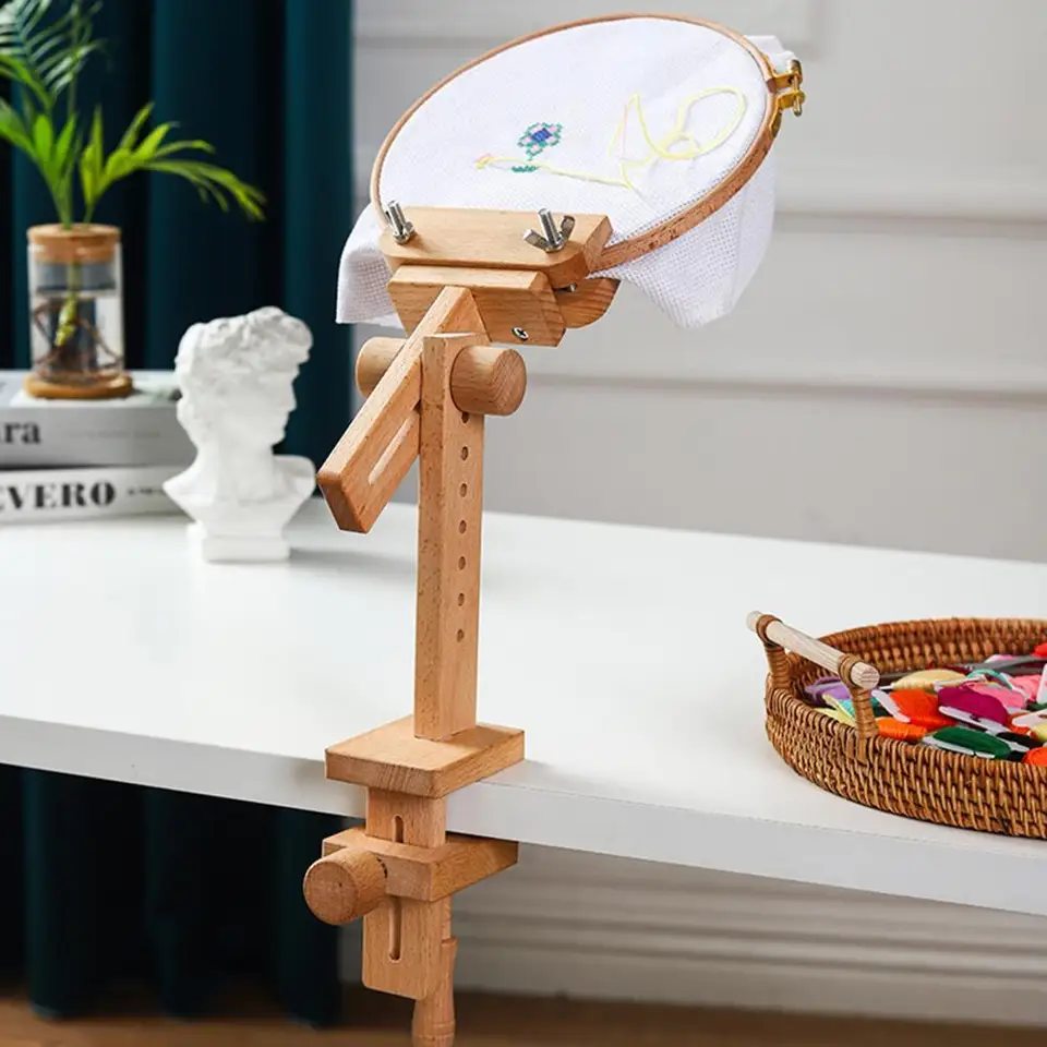 1 SETEMBROODERY HOOP STAND Nastaviteľný držiak na vyšívanie Prenosný drevený otočený krížový stehový rámec stojan na šitie príslušenstvo