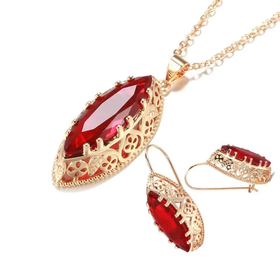 1 súprava náhrdelníkových náušníc sada Vintage Elegant Dutlo Oval Pendant Bride Gemstone Gemstone