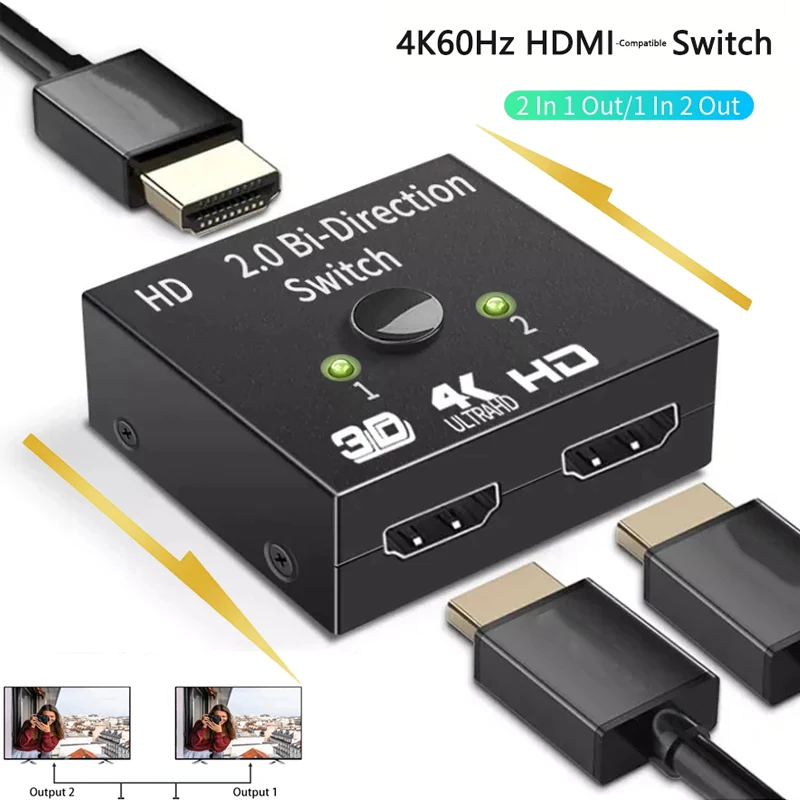 1 v 2 out 4K Splitter UHD 3D HDMI-kompatibilný splitter HD 1X2 2x1 1080p spínač rozdelil 1 v 2 výstupe prepínača pre HDTV DVD PS3/4 Xbox