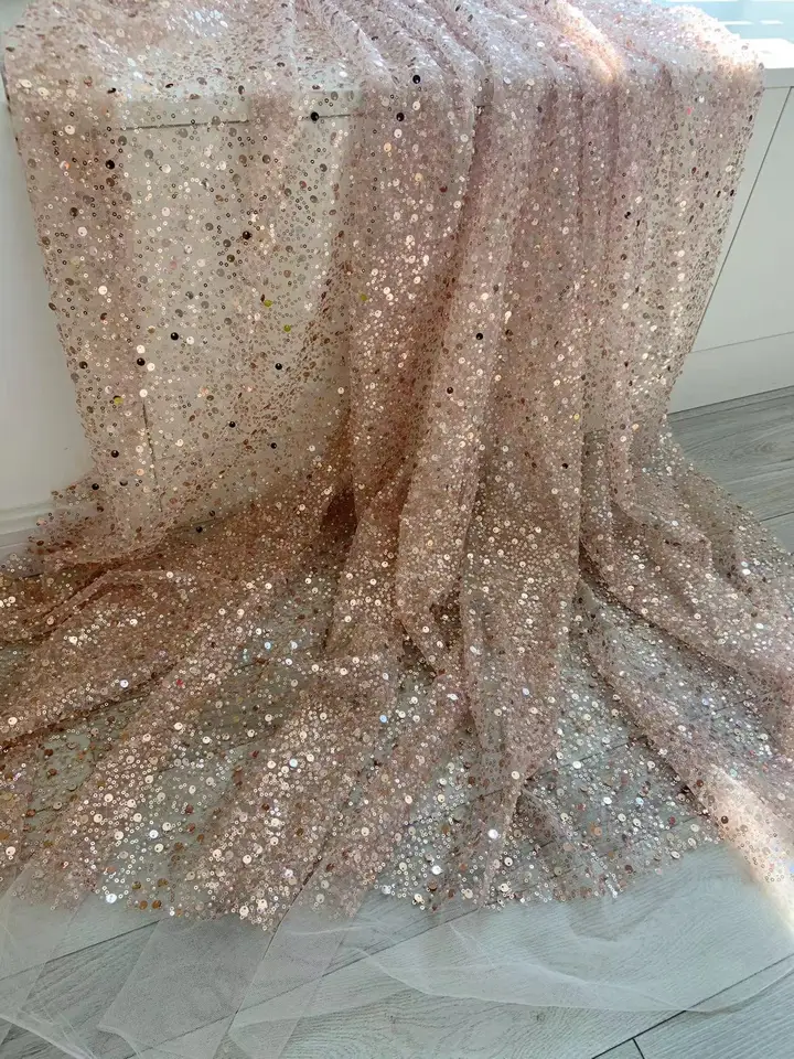 1 yard Rose Gold Flitre a korálky čipky tkanina Sparkle Tulle Gauze Shinning pre svadobné šaty, party pre oblečenie doplnky