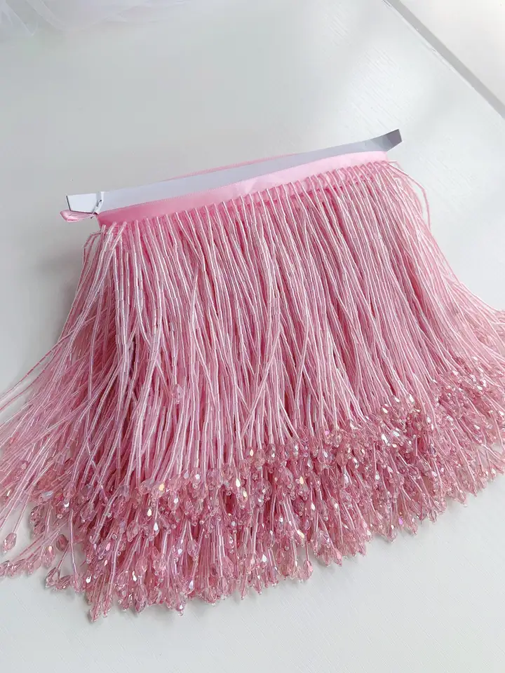 1 yard ružový korálkový lem pre haute couture, tanečný kostýmový orezanie | 5,9 palca