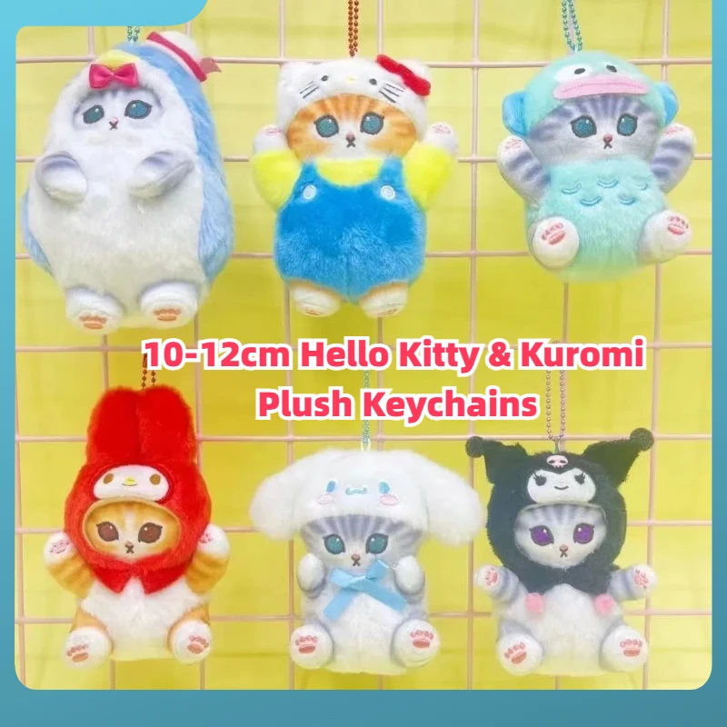 10-12cm Kawaii Mofusand Cross-Dressing Hello Kitty & Kuromi plyšové kľúče anime plyšové bábiky batohy prívesky hračiek