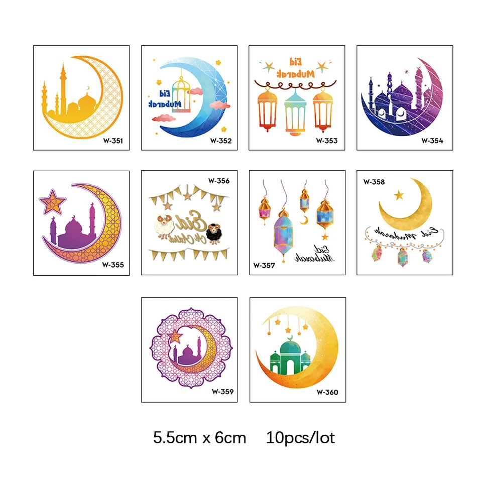 10/20/30ks Eid Mubarak Tattoo Stickers Dočasný mesačný hradný hradný karikatúra Ramadan Kareem pre dekoráciu islamských moslimských večierkov 2024