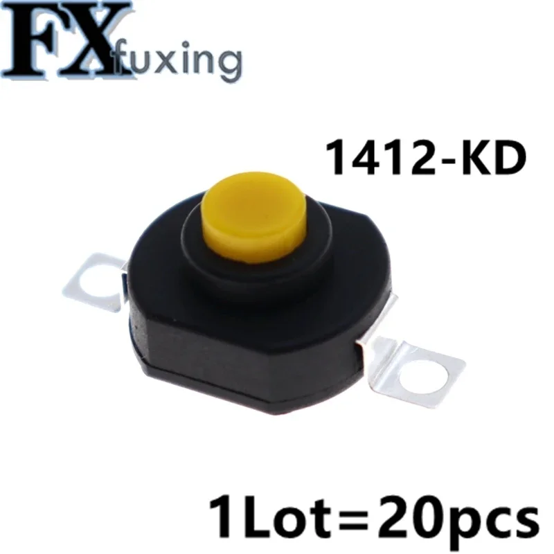 10/20ks 2pin vodorovná baterka Spínač 1412 kd Self-zámok zapnutia SPST žlté tlačidlo 1,5A 250V AC Dĺžka 1412 kd