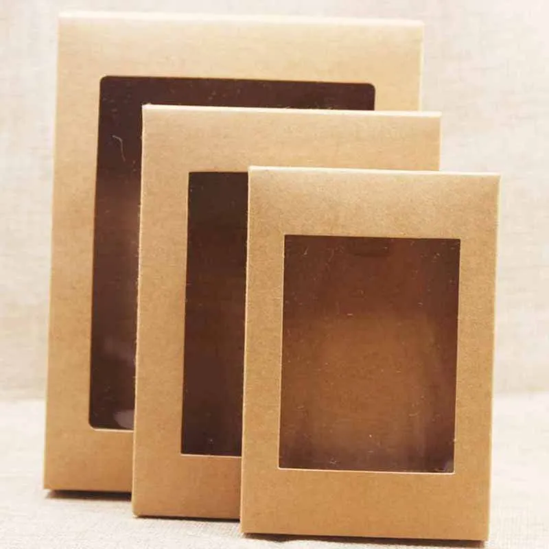 10/20ks kraft papierové cukrovinky Candy Box DIY Cookie Cookie Cookie Darčekový balíček s PVC Clear Window Home Vianočná večierok Svadobná dekorácia