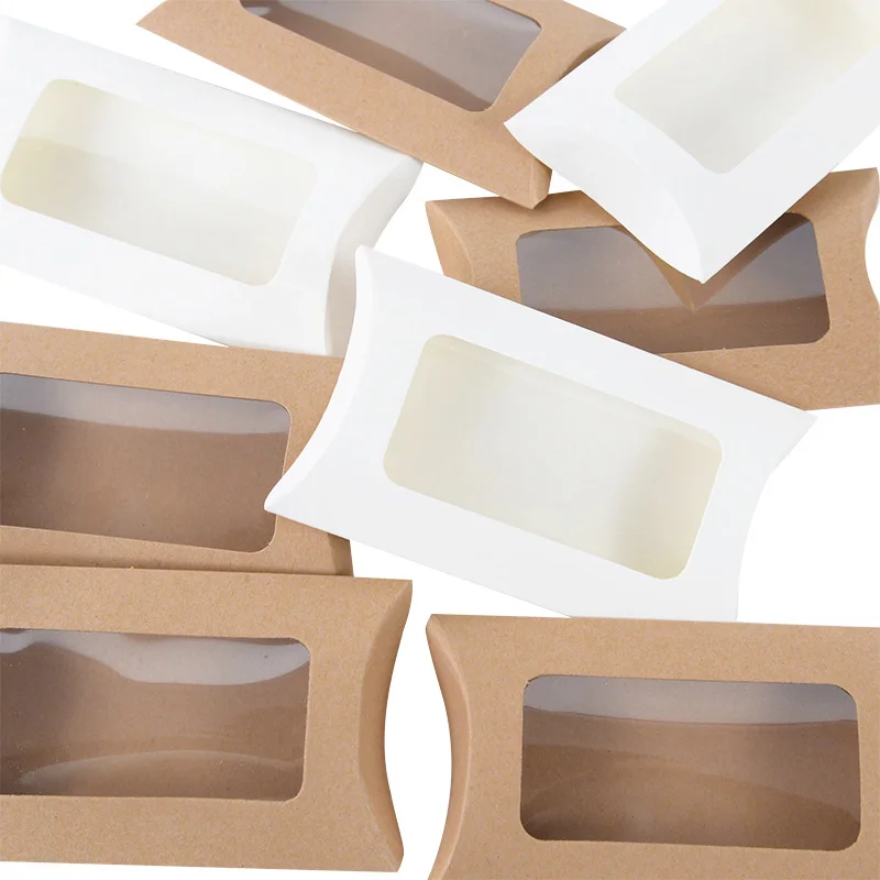 10/20pcs Vintage Brown/White Kraft Paper Pillow Box with Clear Window Box for Wedding Birthday Party Chocolate Candy Treat Box