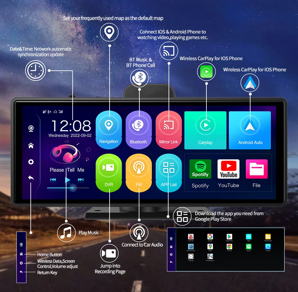 10,26 palca GPS Navigation CarPlay Android Anto Z80 DVR Camera RAM 4G ROM 64G ADAS 5G WIFI BT FM DASH CAM Video Recorder