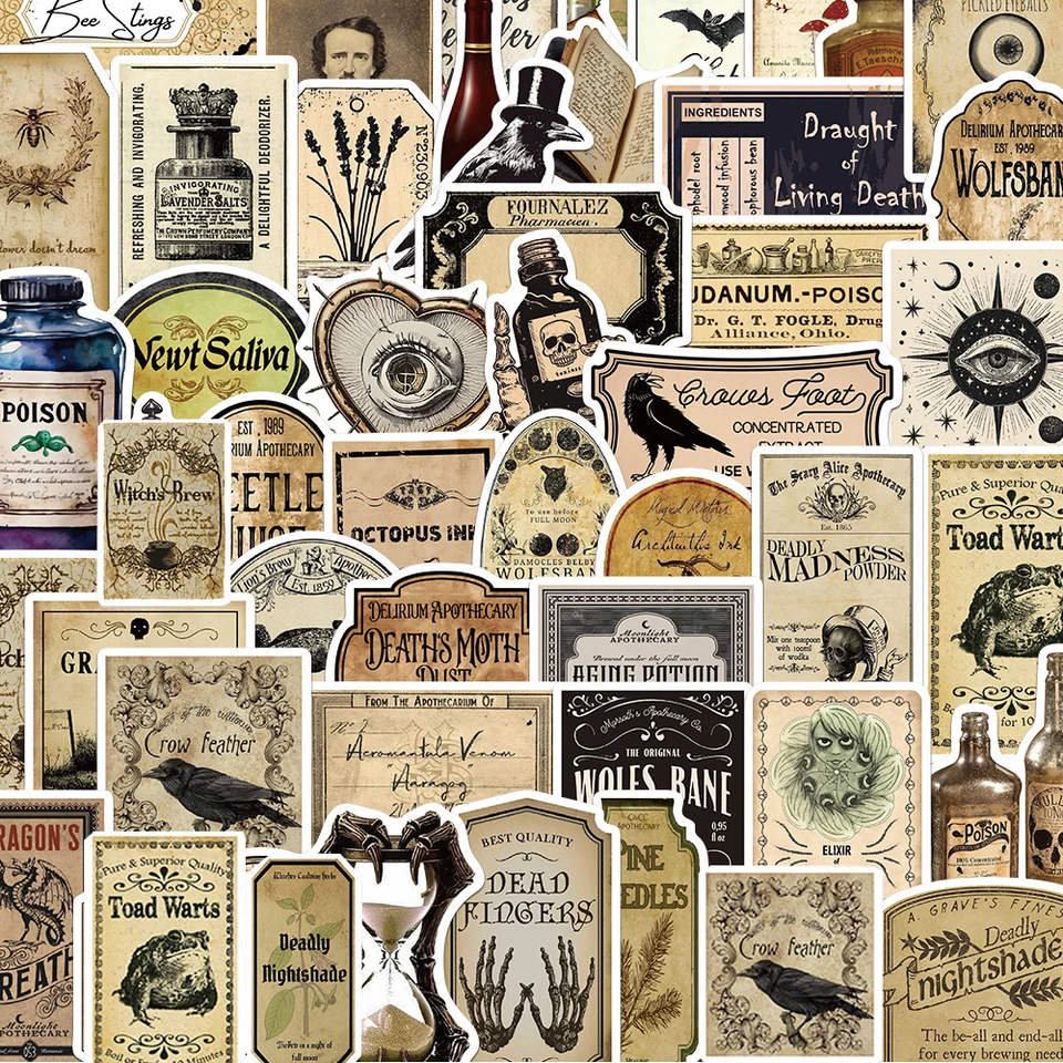 10/30/50ks Vintage Horror Elixety štítky Nálepky retro gotickej čarodejnice Halloween obtisky DIY telefónny notebook Graffiti Sticker