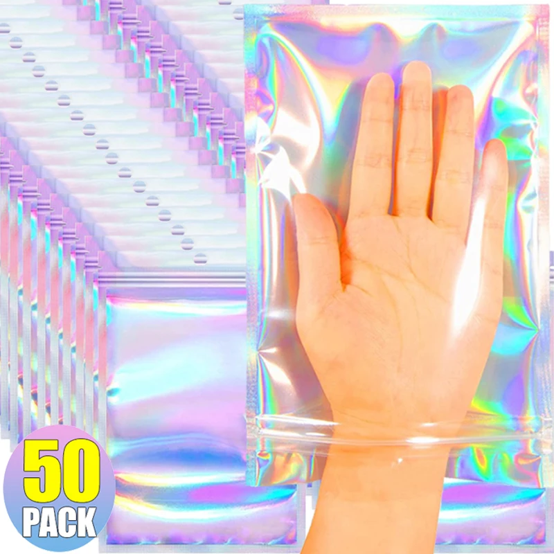 10/50ks holografické laserové tesniace vrecká cukrovinky Candy Potch Houch Usnoviteľné náhrdelník šperky v taške Plastové kuchynské úložné vrecká