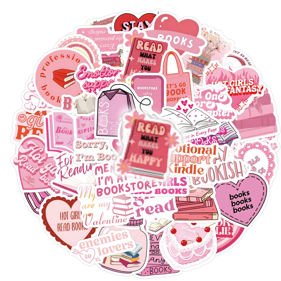 10/60ks roztomilé ružové čítanie knihy Bookish Stickers kawaii obtisky DIY Scrapbooking Notebook notebook Telefón s batožinou dekoratívna nálepka