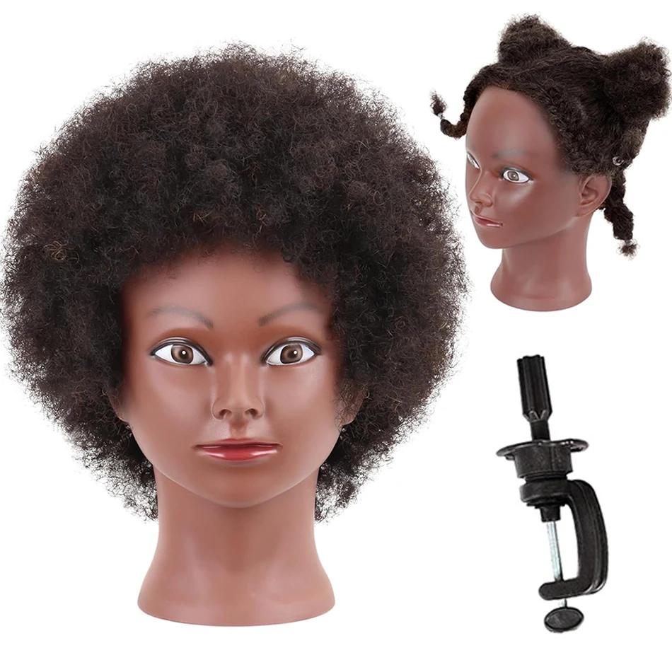 10 'Afro Curly Mannequin Head so svorkovým držiakom 100% skutočné vlasy Kozmetológia Manikin Doll Hlava pre kaderníctvo
