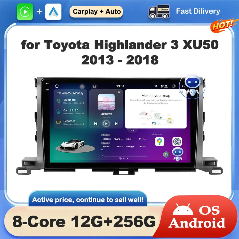 10 '' Car Radio Video Multimedia Player Android OS pre Toyota Highlander 3 XU50 2013 - 2018 GPS Navigation DSP Stereo Head Unit