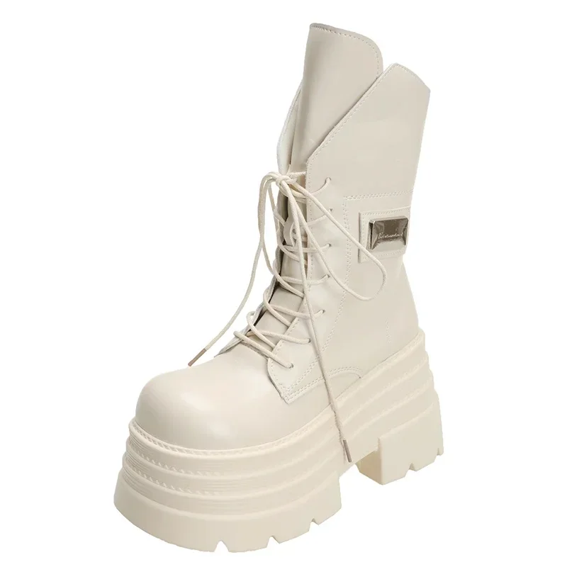10 cm dámske topánky Mid-Calf Nové šnurovacie kožené kožené punkové punkové topánky Jeseň High podpätky Platforma Platforma Motá pre ženy pre ženy