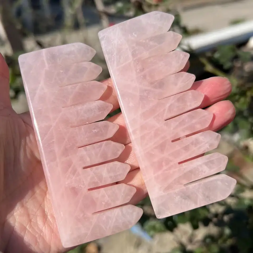 10 cm Prírodný ružový kremeň krištáľový hrebeň hlavy Hair Hair Masáž Gua Sha Combs Healing Health Jade Stones Darčeky
