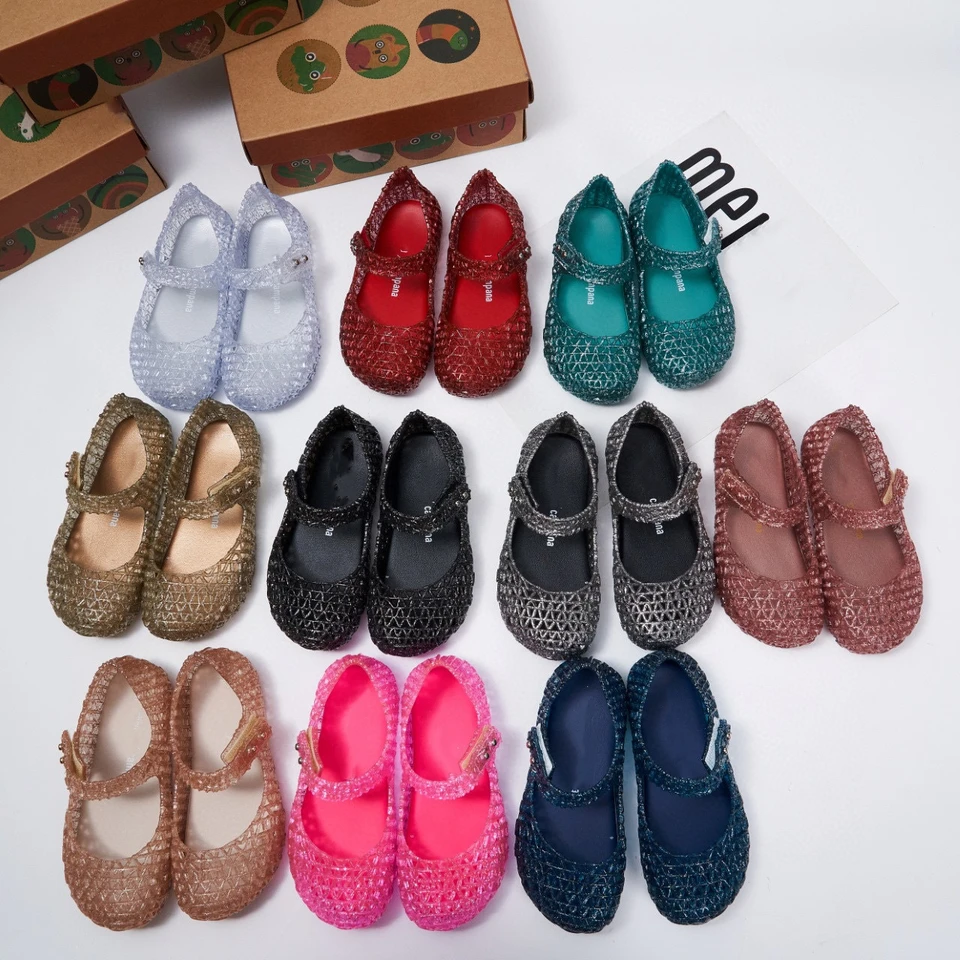 10 cukrovinky Candy Princess Girls Sandals Cute Kids Soft Sole Sole Non-šmykľavka želé topánky batoľatá deti tkané diery plážové sandále