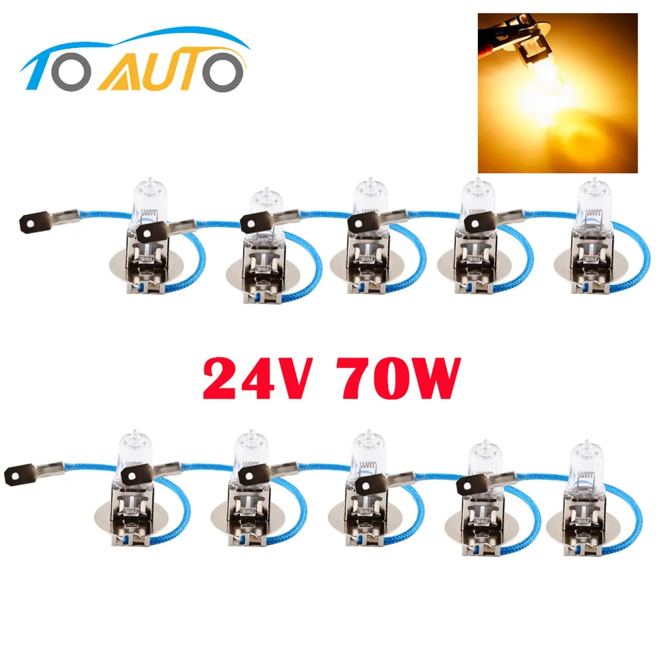 10 ks H3 24 V Halogénové žiarovky Svetlomet automobilu 70 W Quartz Glass High -Power Auto svetlomet 3000K žltý