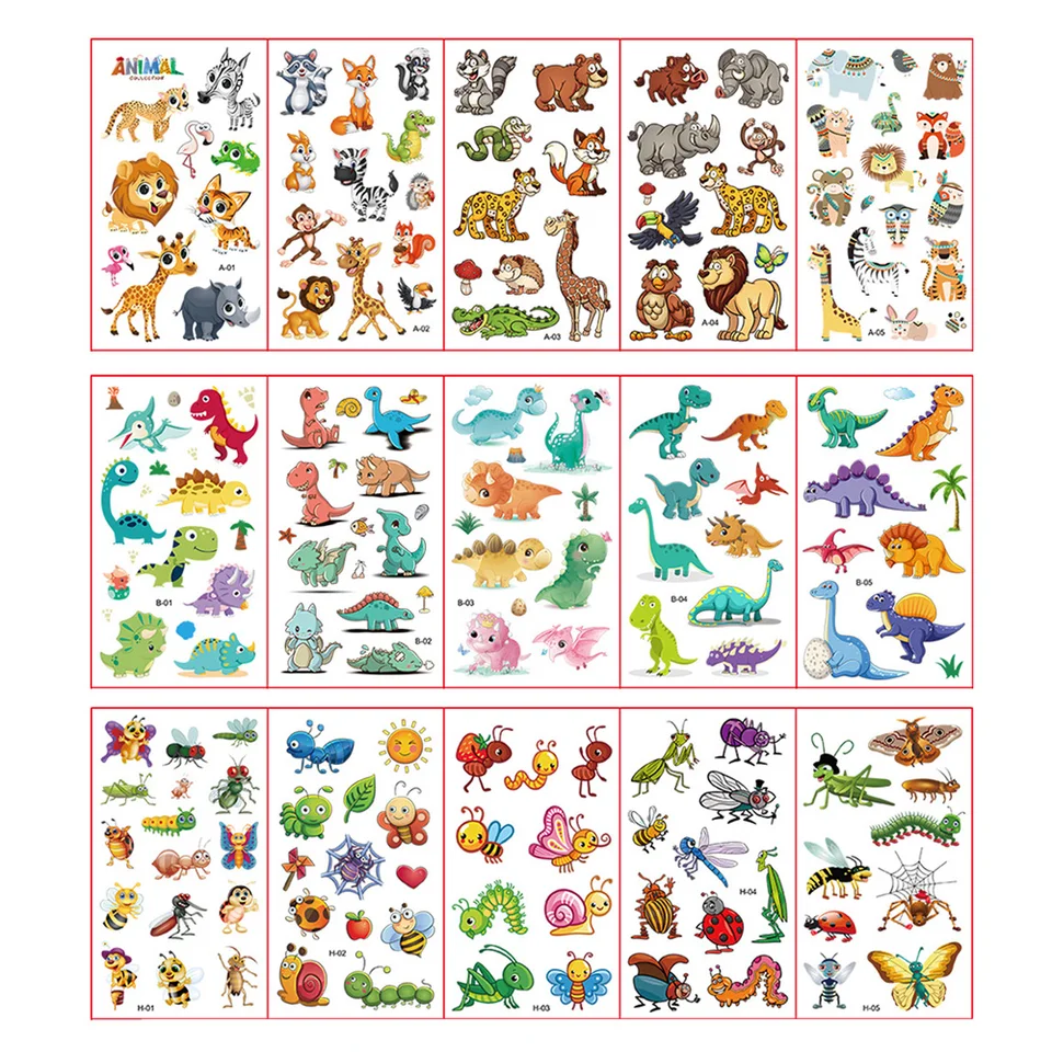 10 ks/set karikatúry Tattoo Stickers Cute Animal Dinosaur Motýfly Dočasné falošné tetovanie pre deti ruky Rameny Body DIY Art Sticker