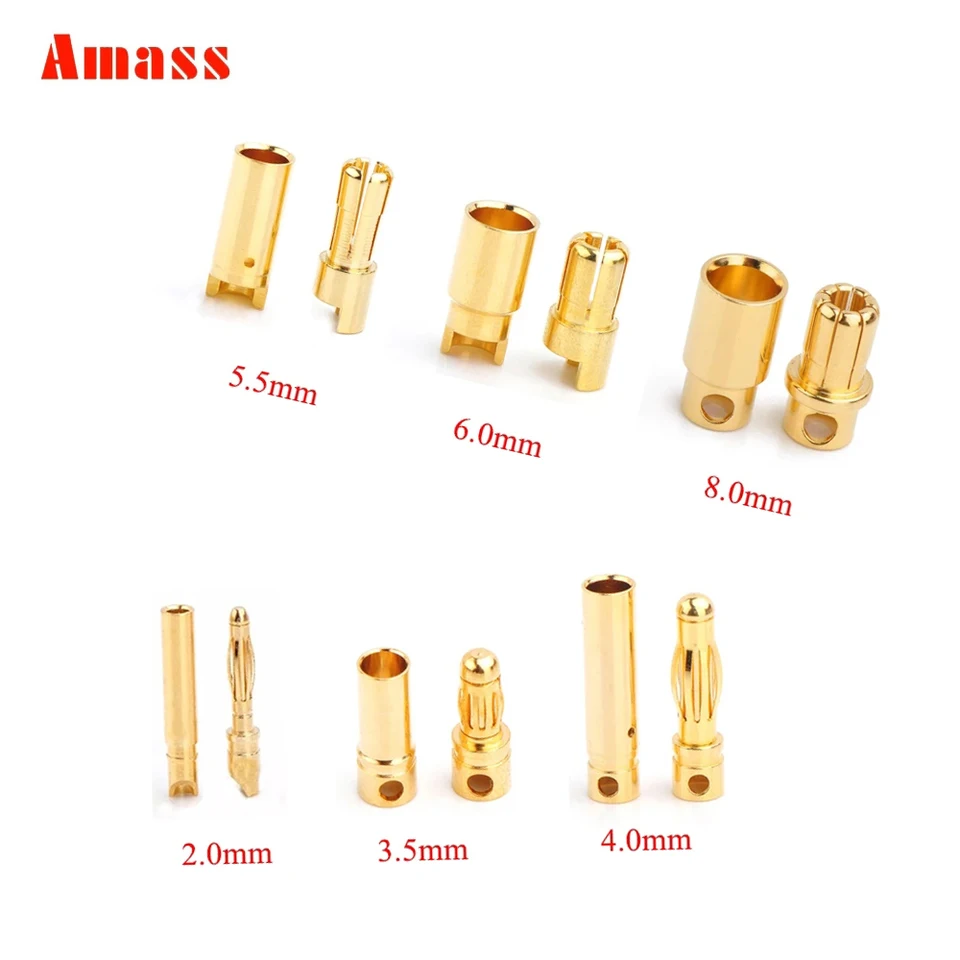 10 kusov 5 párov Zhromaždenie 2,0 mm 3,0 mm 3,5 mm 4,0 mm 5,5 mm zlaté banánové konektory 6,0 mm 8,0 mm zástrčky na pripojenie batérie