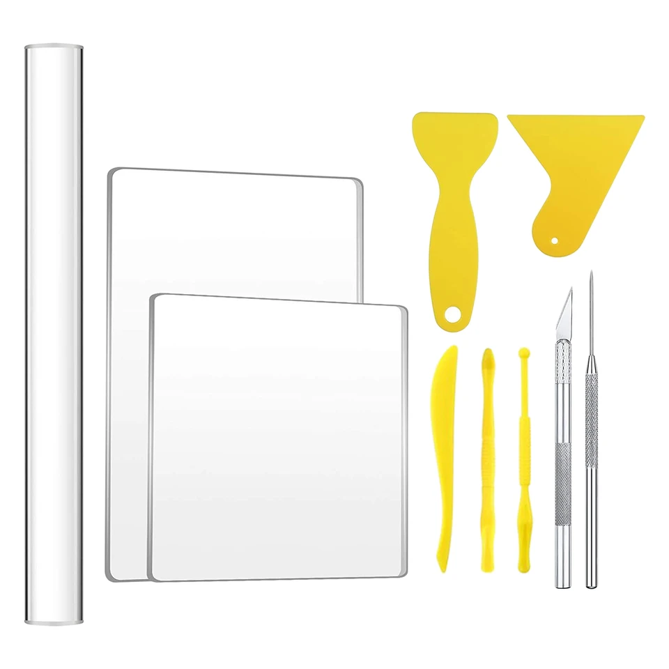 10 kusov DIY Polymer Clay Tool, zahŕňajú akrylové hlinené valček, akrylovú plech, hlinenú ihlu, hlinenú rezačku, podložku na škrabky