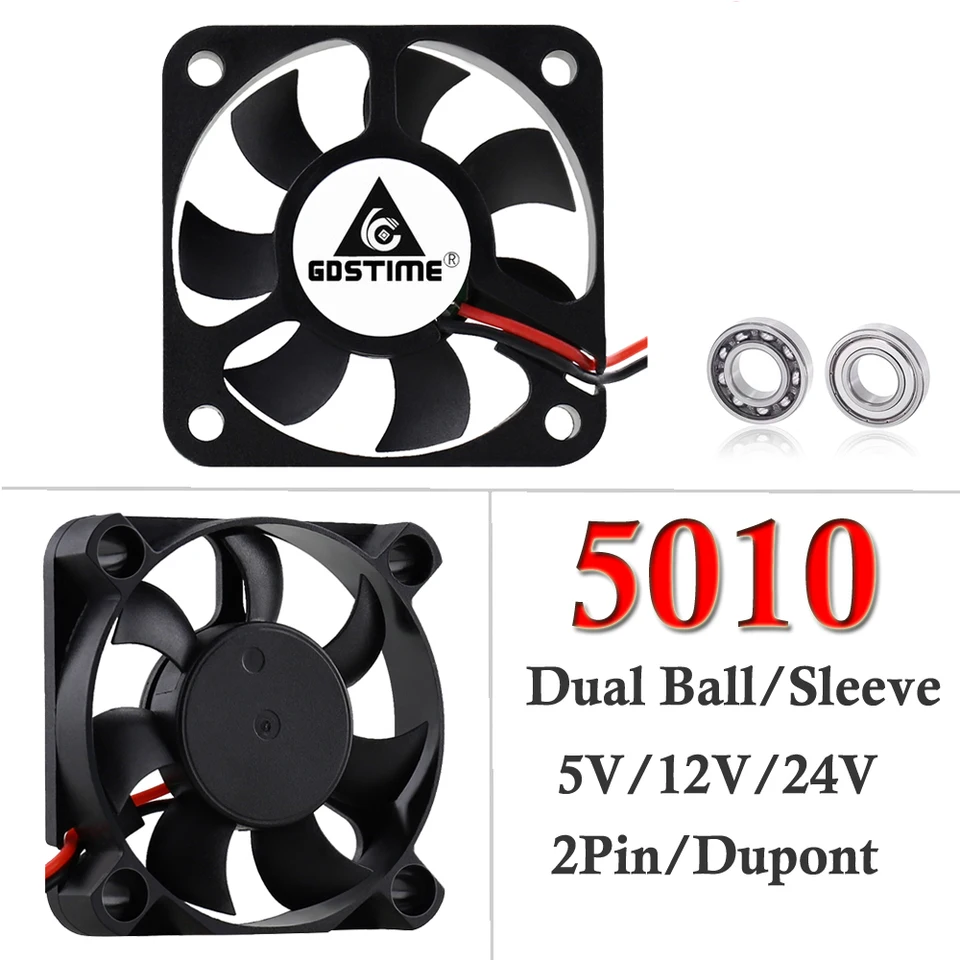 10 kusov šarža 5 cm 50 x 50 x 10 mm DC 5V 12V 24V 5010 50 mm 2pin DuPont DC Mini kefový chladič chladiča chladiaceho ventilátora loptičky / rukávy