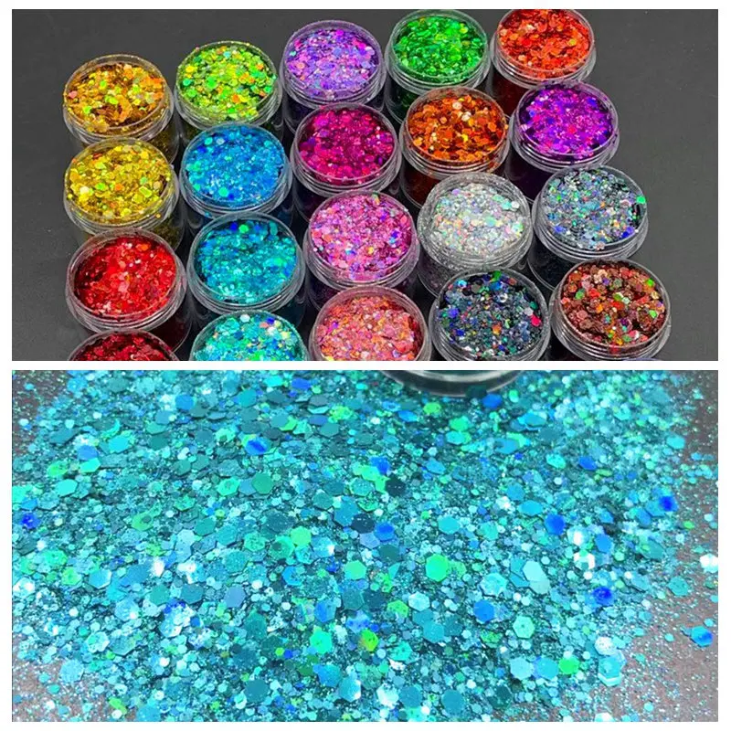 10 ml zmiešanej veľkosti Holografický laserový lak na nechty prášok DIY manikúrové gélové poľské nechty na nechty Glitter Crafts zmiešaný šesťuholníkový tvar flitry