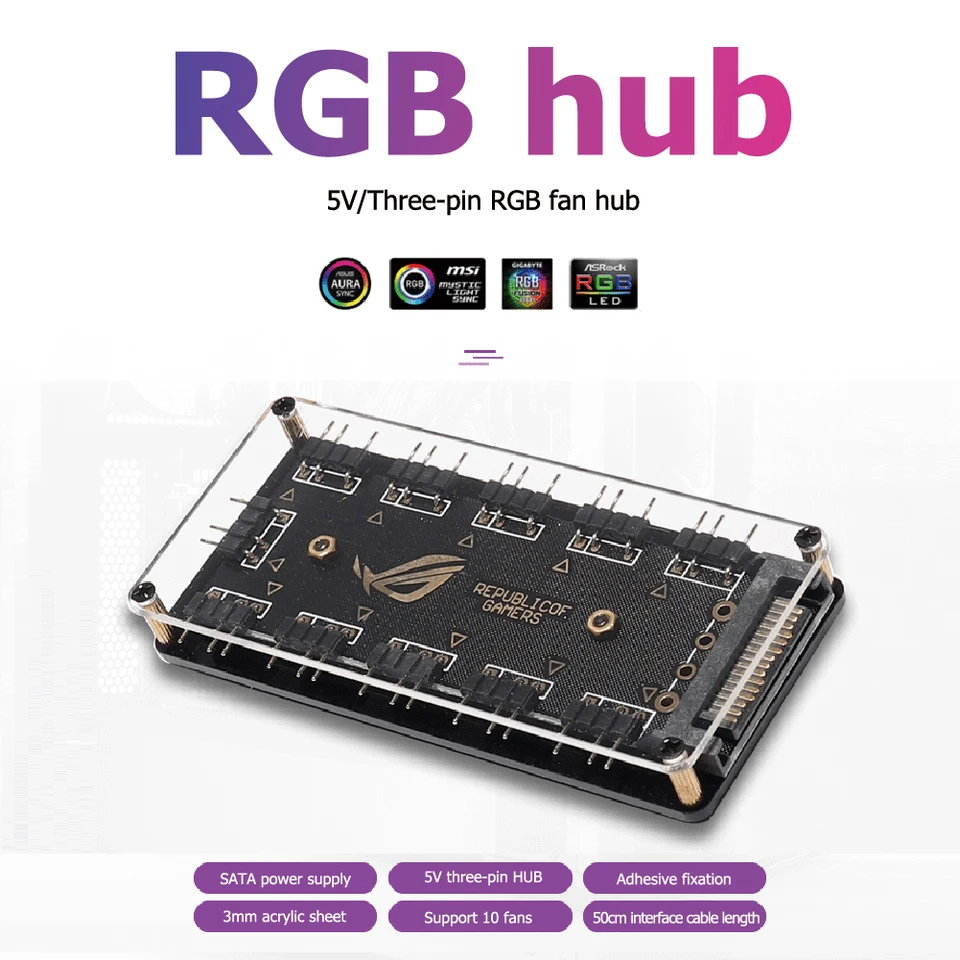 10 portov RGB ventilátorový náboj pre počítač PC Desktop 5v 3pin ARGB Extension Splitter SATA napájací adaptér pre gigabajty MSI ASUS