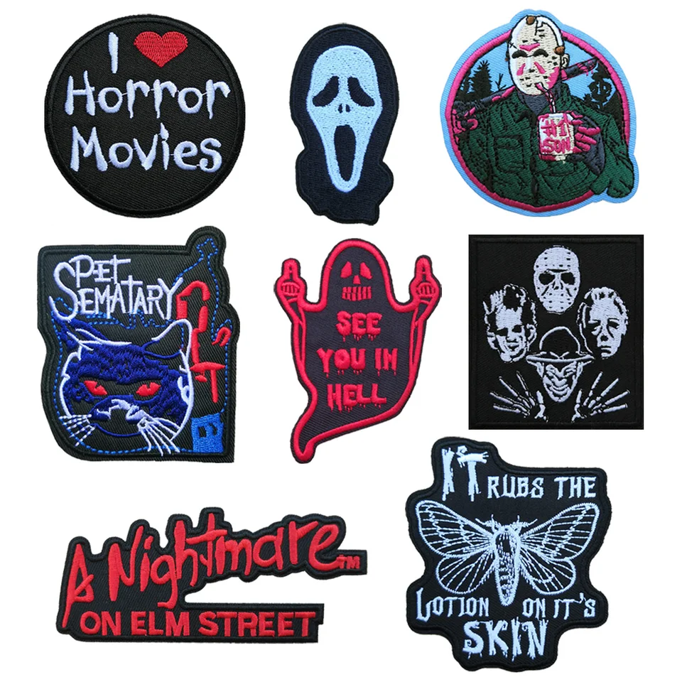 10 počítačov Hororový film Hannibal Clown Living Evil Dead vyšívacie železo na záplate punk lebky oblečenie doplnky Halloween DIY