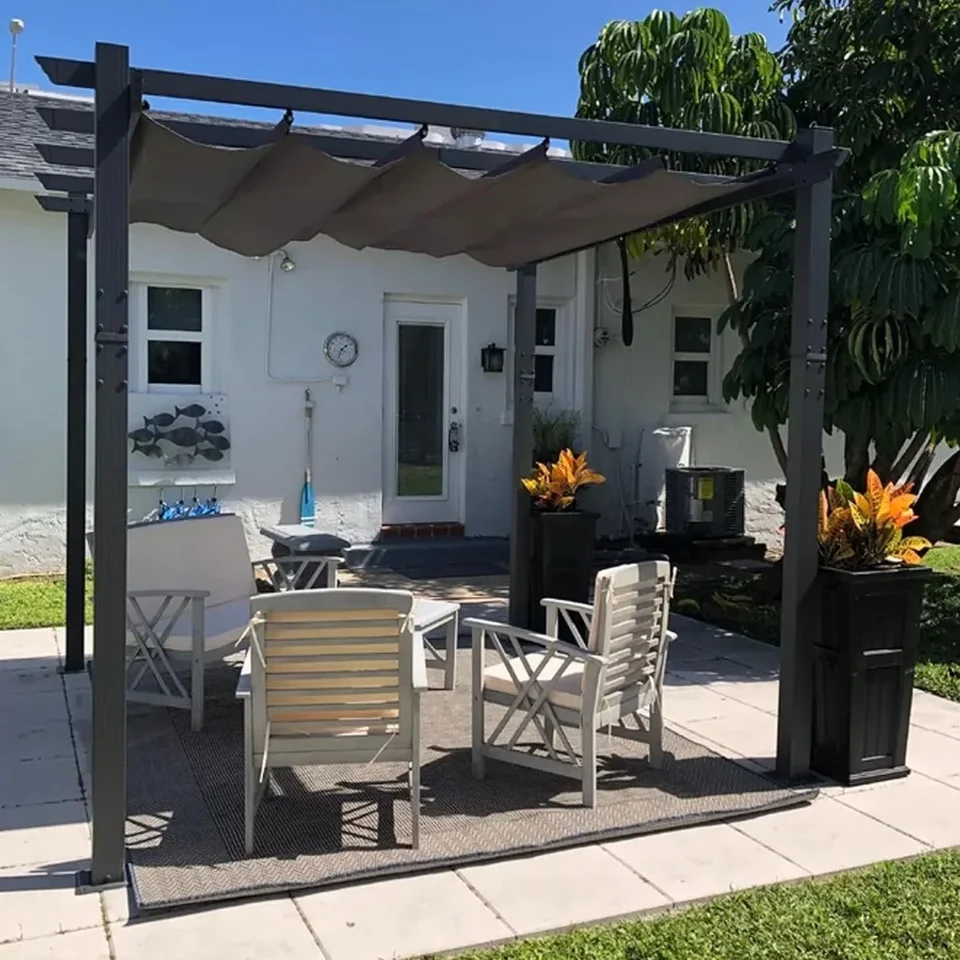 10 'x 10' Vonkajšie zatiahnuteľné pergola so slnečnou terasou na terasy s kovovými prístreškami pre záhradnú verandu plážový pavilón gril altánok altánok