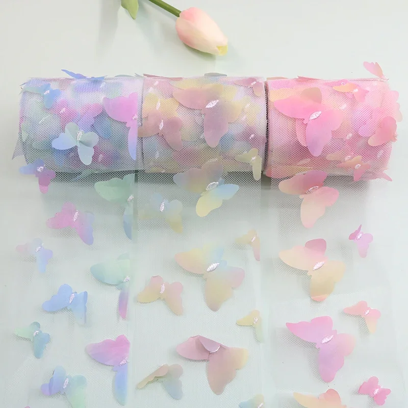 10 yardov/roll 8cm farebné 3D Motýfly vyšívanie tylových roliek Organza Ribbon DIY Luky Luky ručne vyrobené svadobné večere