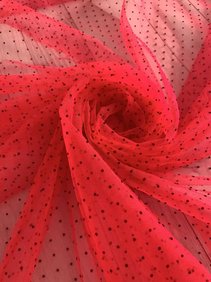 10 yardov červená čipka látky so zamatovými mini polka bodový tyl pre svadobné šaty, couture, večierok dekorácie šitie
