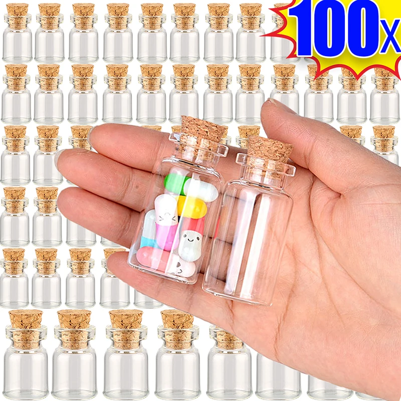 100/10ks Mini číry sklo s korkovými fľašta
