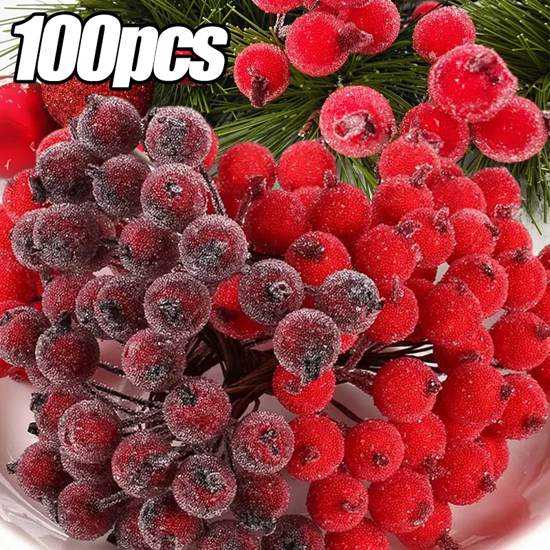 100/20ks umelé holly bobule Mini simulácia čerešňové stanice maľované dvojité hlavy falošné bobule svadobné vianočné večierky dekor
