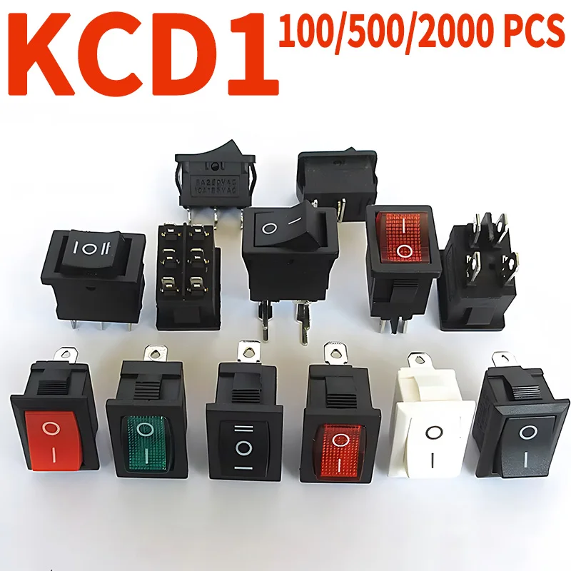 100/500ks KCD1 SPÍNAČ ROCKER SUDE 21x15 mm čierny na-off 2pin/3pin/4pin 2/3 poloha s červeným zeleným svetlom 6A/250V 10A/125V AC