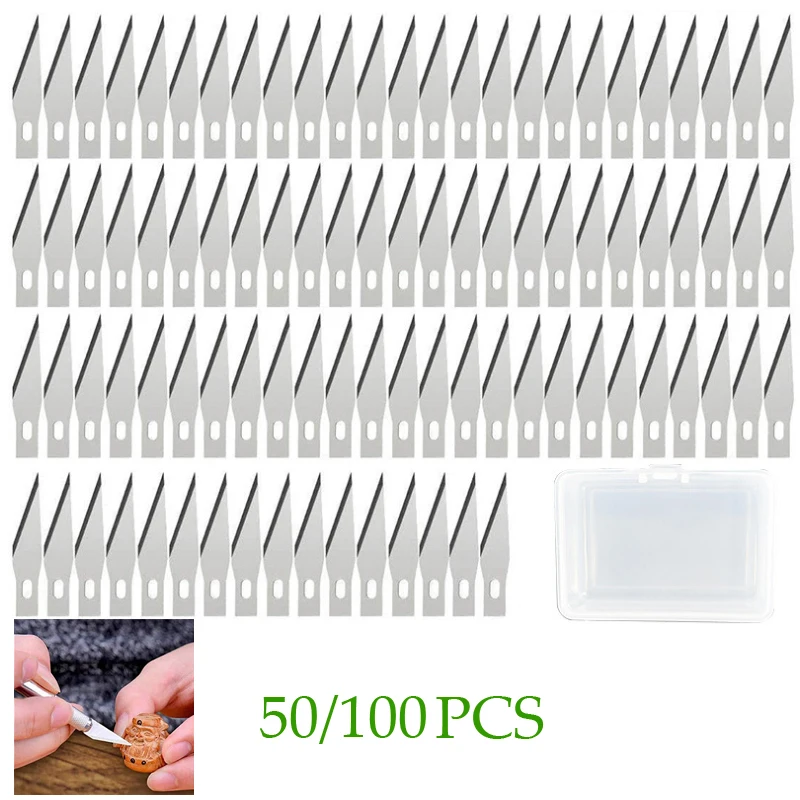 100/50ks nôž DIY Drevené rezbárske jedlo Scalpel Craft Cutting Nástroj Kovové gravírovanie Čepele