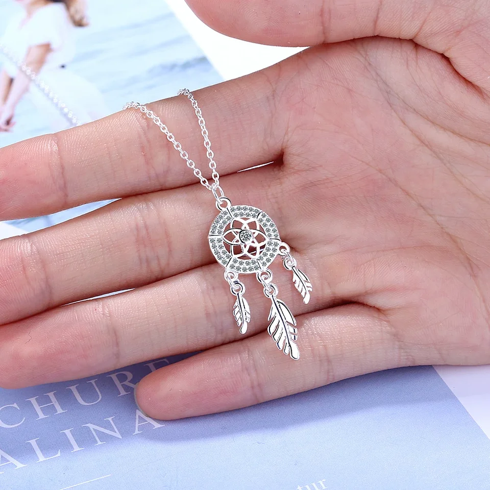 100% 925 Sterling Silver Dreamcatcher Perie Piene kúzlo náhrdelník