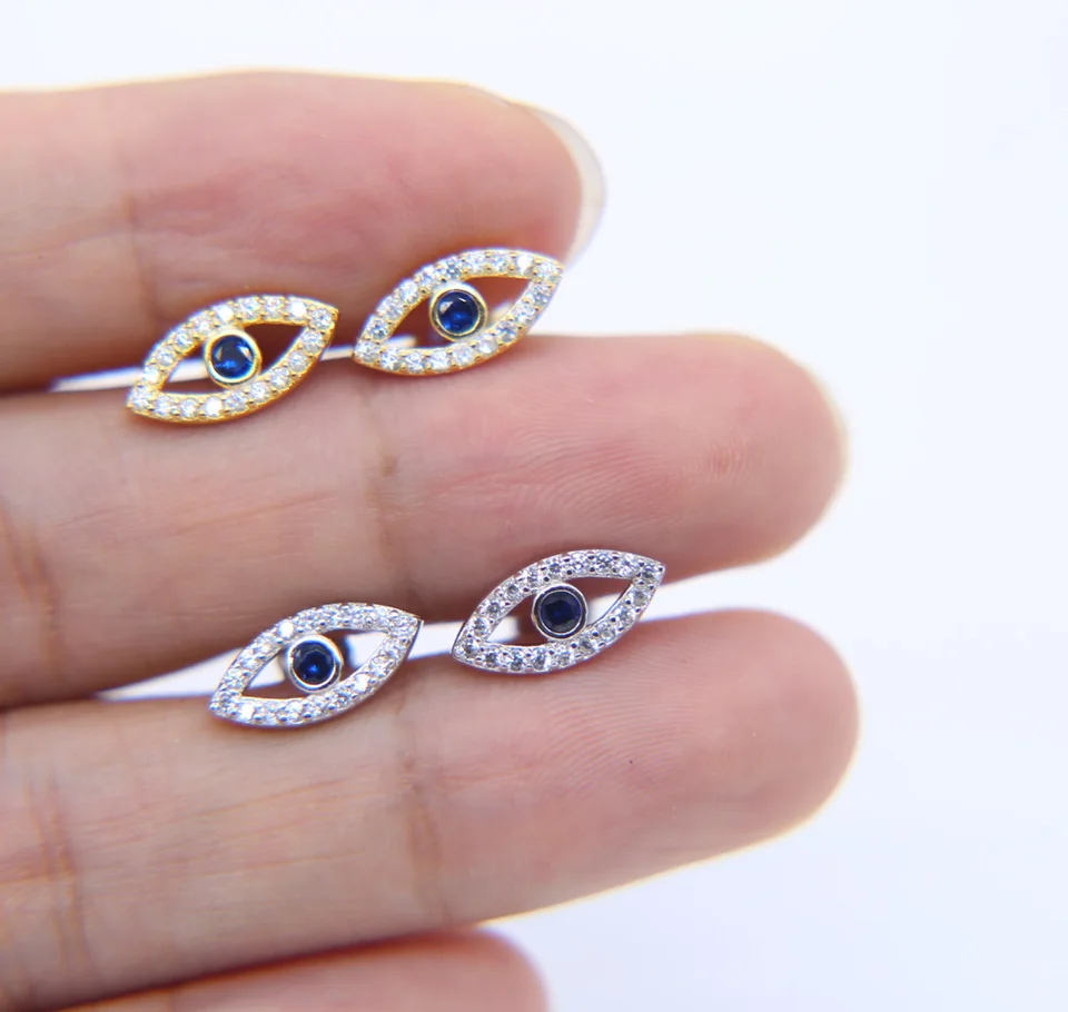 100% 925 Sterling Silver Lucky Girl Gift Evil Eye Comps náušnice Micro Dlave Clear Blue Cz Eye Tvar Tukish Šperky