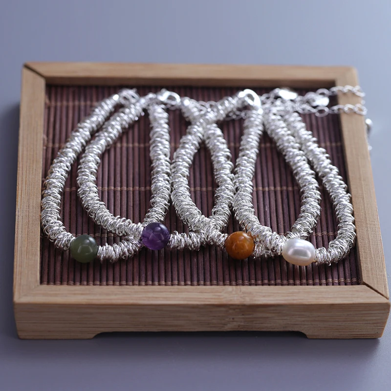 100% 925 Sterling Silver Natural Topaz Pearl Jade DIY korálky Fashion Geometric Circle Specklet Náramok pre ženy darček k narodeninám