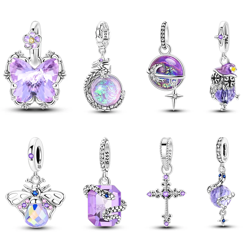 100% 925 Sterling Silver Purple Gem Butterfly Bee Dragon Charms Fit Pandora 925 Originálny náramok jemné kutilské narodeniny šperky
