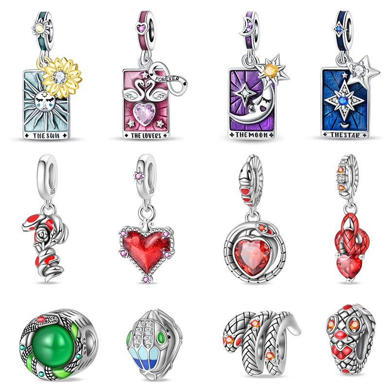 100% 925 Sterling Silver Vynikajúce tarotové karty náramok prívesok krvi červený oheň had ružové kúzla korálky kutilské šperky pre ženy