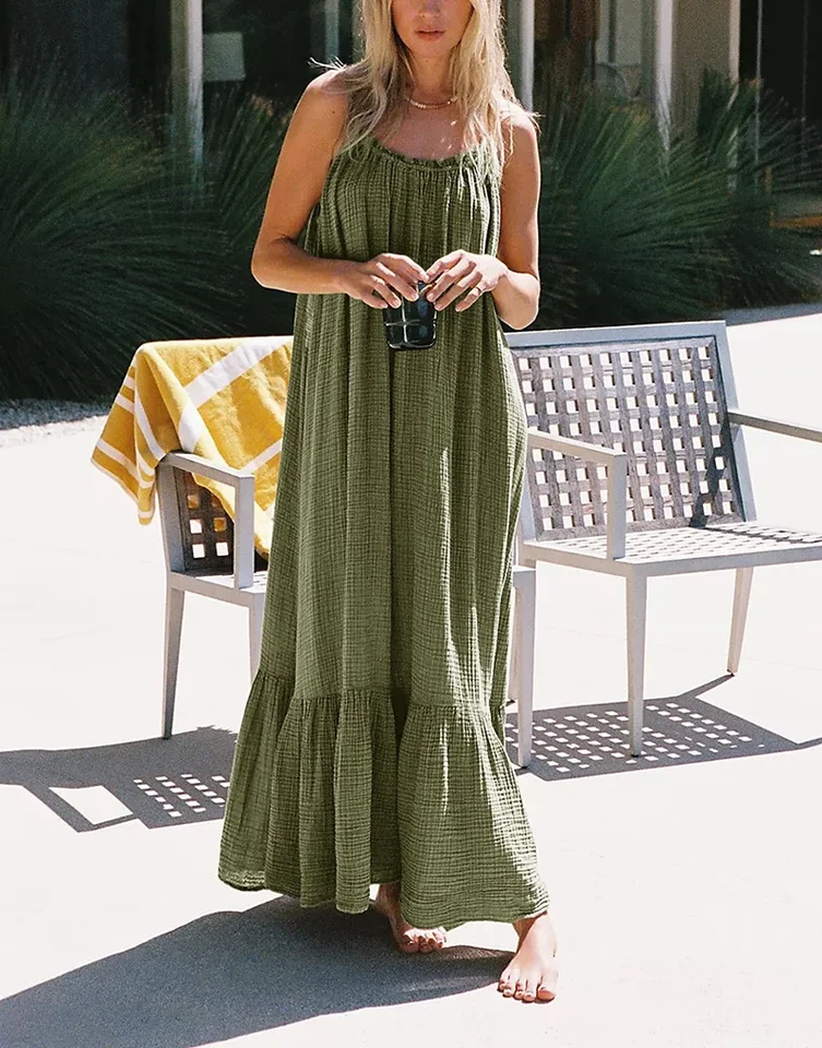 100% bavlnená gázová mušelín Dámske letné šaty Sexy remienok bez rukávov voľný príležitostný sundress Holiday Beach Party šaty Vestidos