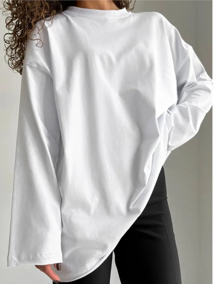 100%bavlnené biele tričká pre ženy s dlhým rukávom O-Neck Chic Tops Tops Spring Jeseň Nové jednoduché móda ženské voľné tričká